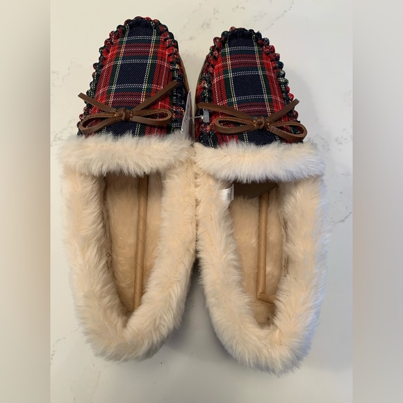 NEW Shearling Fur Slippers Channing Tartan Plaid Moccasins House  Shoes
